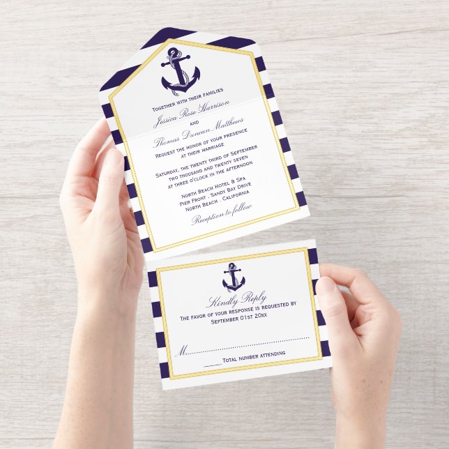 Tout En Un Invitation Ancre nautique Mariage de la bande marine Real Foi (Détachable)