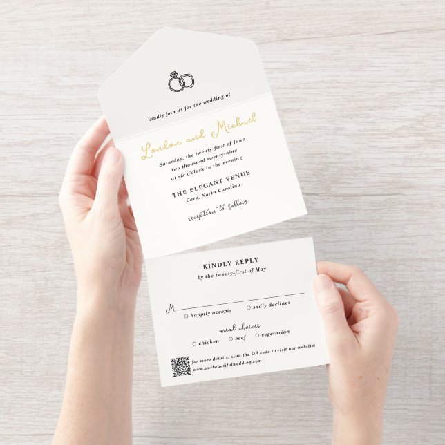 Tout En Un Invitation Anneaux Dessinés à la Main Doodle Code QR Mariage  (Détachable)