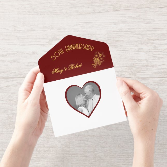 Tout En Un Invitation Anniversaire d'or fleuri - Bourgogne et or (Ouverture)