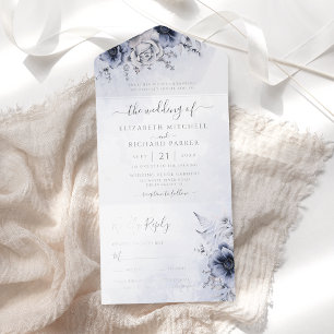 Tout En Un Invitation Aquarelle bleu Dusty Mariage végétal