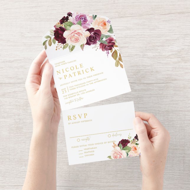 Tout En Un Invitation Aquarelle Bourgogne et Mariage de automne de fleur (Détachable)