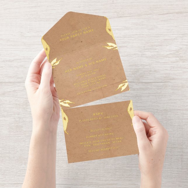 Tout En Un Invitation Aquarelle Feuille rustique Elégant Mariage Foil (Détachable)