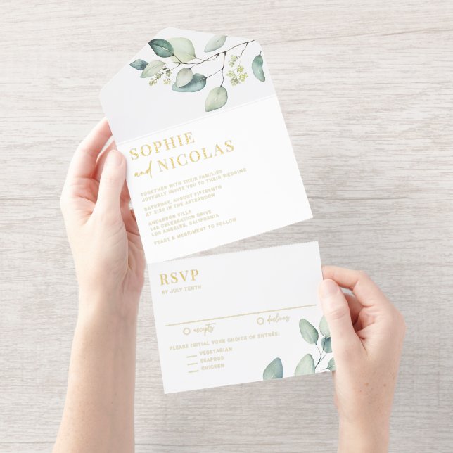 Tout En Un Invitation Aquarelle Sage Vert Eucalyptus Feuille Mariage (Détachable)