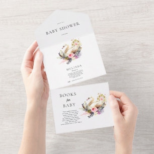 Tout En Un Invitation Baby shower de cygne et livres pour béb