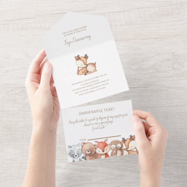 Tout En Un Invitation Baby shower des animaux des bois (Déchirure)