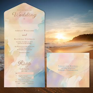 Tout En Un Invitation Beachy Sunset Gradient Rose Gold Foil Wedding