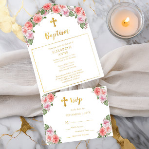 Tout En Un Invitation Beau rose floral Trinity Cross Girl Baptism