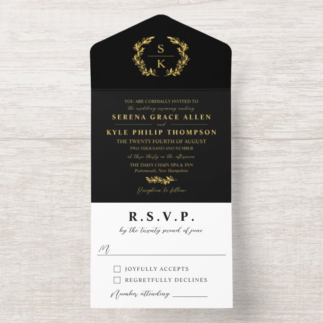 Tout En Un Invitation Black Gold Laurel Wreath Monogram Wedding (Intérieur)