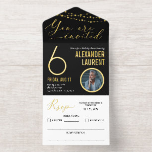 Tout En Un Invitation Black Gold String Lumières Photo Jalon Anniversair