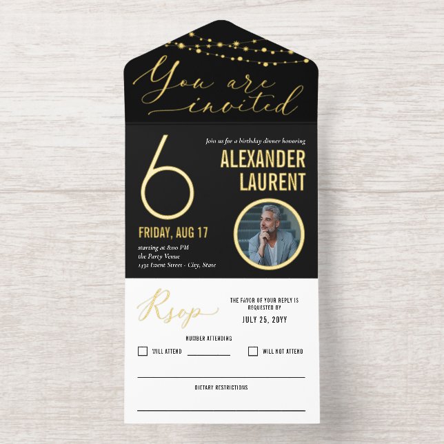 Tout En Un Invitation Black Gold String Lumières Photo Jalon Anniversair (Intérieur)