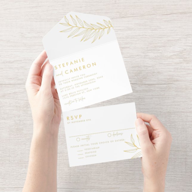 Tout En Un Invitation Boho Black Minimalist Foliage Wedding (Détachable)