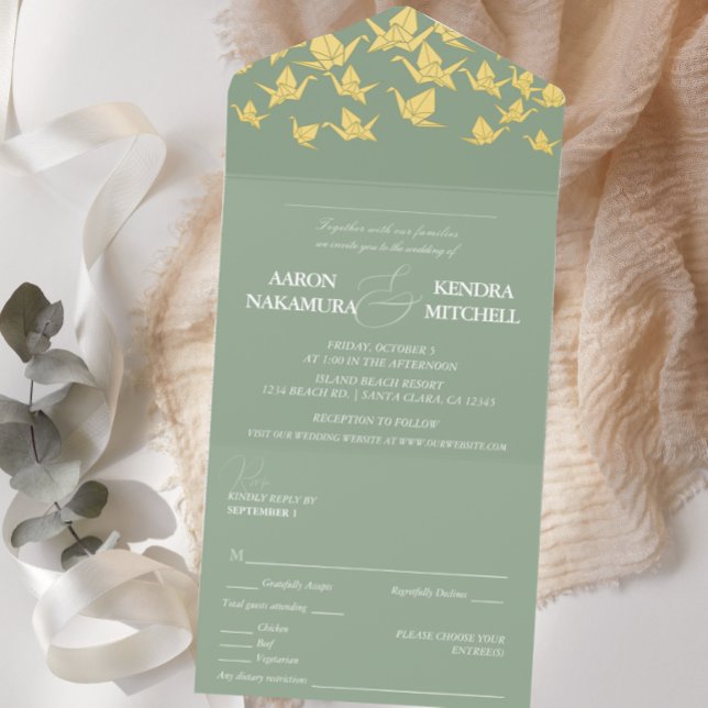 Tout En Un Invitation Bonita grúa de papel verde la boda (Créateur téléchargé)