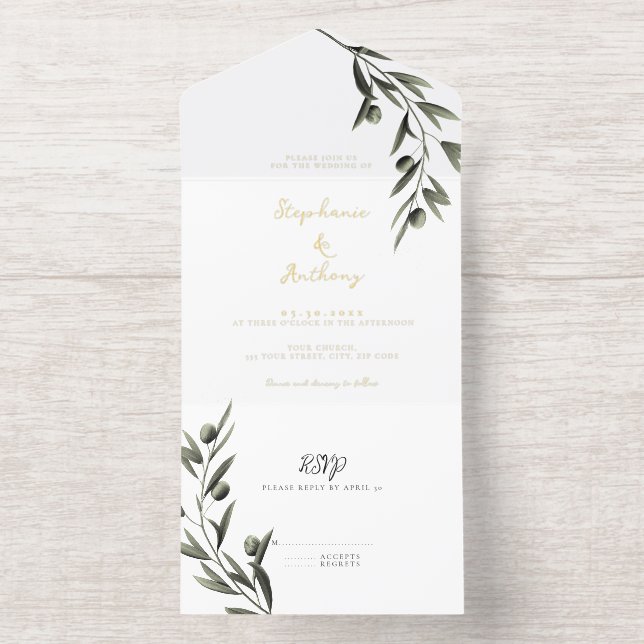 Tout En Un Invitation Botanique Olive Branch Feuille Mariage italien (Intérieur)