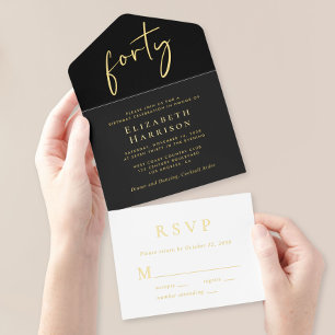 Tout En Un Invitation Chic Script Black 40th Birthday Party