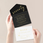 Tout En Un Invitation Chic Script Black 70th Birthday Party<br><div class="desc">Soixante-dix ans noir élégant et chic, le tout dans une invitation mettant en vedette "soixante-dix" dans un grand script, votre nom et "RSVP" dans la typographie serif élégante et les détails de la fête en lettres simples et modernes, le tout rendu dans votre choix d'or, argent ou feuille d'or rose....</div>