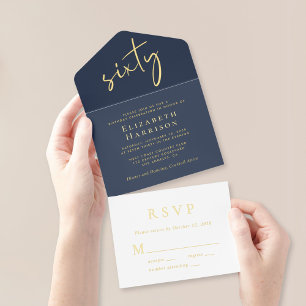 Tout En Un Invitation Chic Script Blue 60e fête d'anniversaire