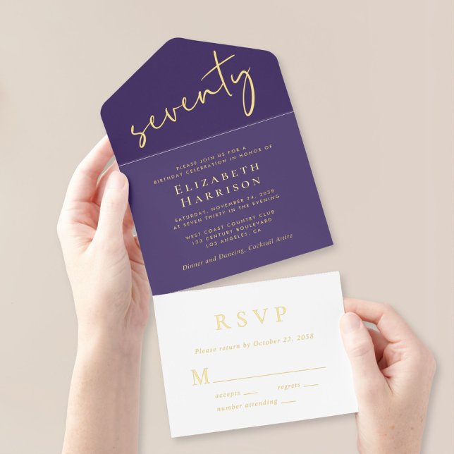Tout En Un Invitation Chic Script Purple 70e fête d'anniversaire (Créateur téléchargé)