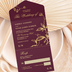 Tout En Un Invitation Classic élégant feuille d'or bordeaux mariage RSVP