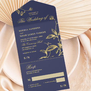 Tout En Un Invitation Classic élégant feuille d'or marine bleu mariage R