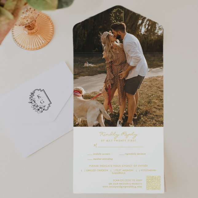 Tout En Un Invitation Code QR de photo de mariage à monogramme minimalis (Créateur téléchargé)
