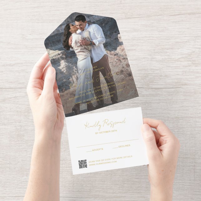Tout En Un Invitation Code QR de photo élégant pour mariage moderne (Détachable)