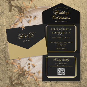 Tout En Un Invitation Code QR moderne Art Déco Monogramme Mariage Feuill