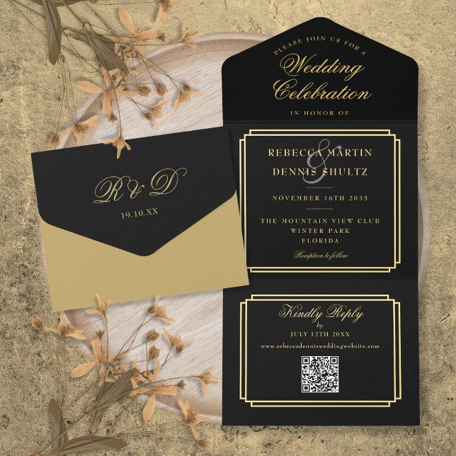 Tout En Un Invitation Code QR moderne Art Déco Monogramme Mariage Feuill (Modern QR Code Art Deco Monogram Wedding Foil All In One Invitation)