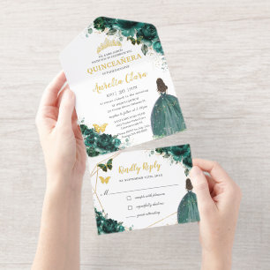 Tout En Un Invitation Couronne de princesse florale verte émeraude Quinc