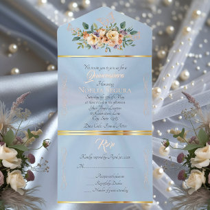 Tout En Un Invitation Crème Floral sur Pastel Quinceanera - Bleu