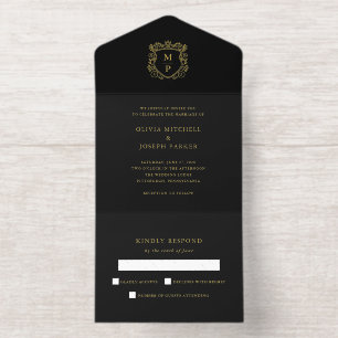 Tout En Un Invitation Crête Dorée Élégant Mariage Noir Papier Doré