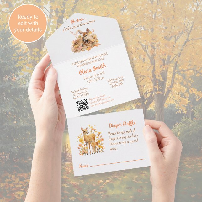 Tout En Un Invitation de Baby Shower "Oh Deer" avec QR Code t (Créateur téléchargé)