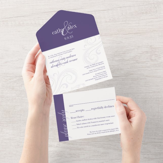 Tout En Un Invitation de mariage élégant, tout-en-un violet (Déchirure)