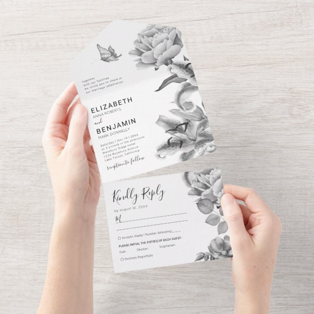 Tout En Un Invitation de mariage floral noir et blanc tout-en (Déchirure)
