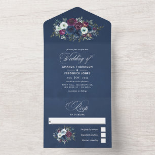 Tout En Un Invitation de mariage floral tout-en-un bleu marin