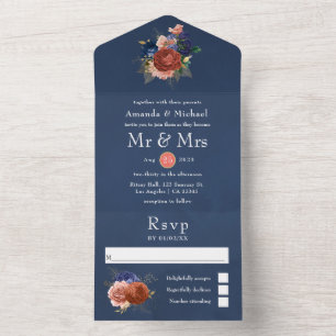Tout En Un Invitation de mariage florale bleue marine et cora