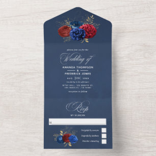 Tout En Un Invitation de mariage florale Navy, Rouge et Or To