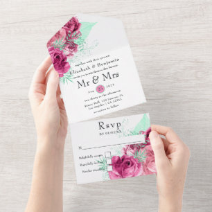 Tout En Un Invitation de mariage florale rose et menthe tout-