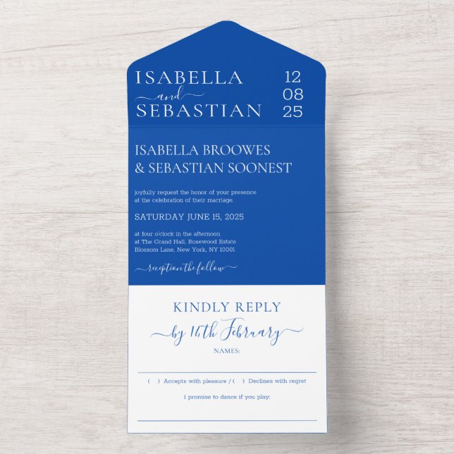 Tout En Un Invitation de mariage formel bleu cobalt Répondez  (À l'intérieur)
