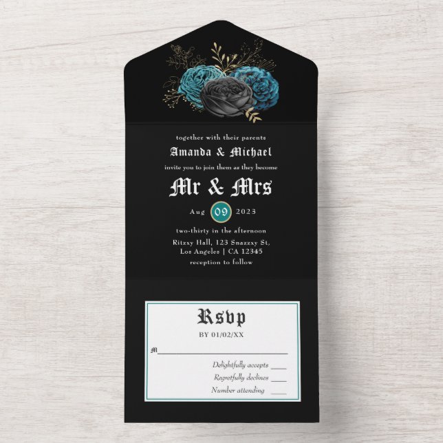 Tout En Un Invitation de mariage gothique florale sarcelle et (À l'intérieur)