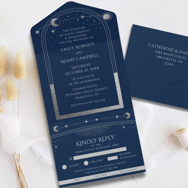 Tout En Un Invitation de mariage Navy Blue Silver Celestial S (Créateur téléchargé)