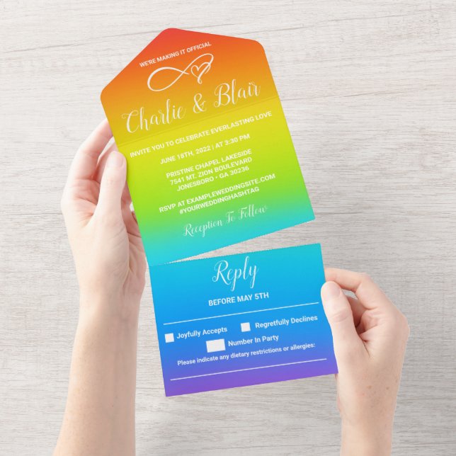 Tout En Un Invitation de mariage Rainbow All in One (Déchirure)