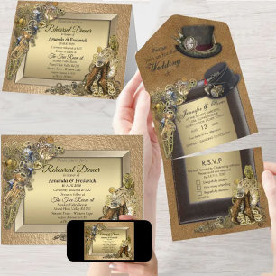 Tout En Un Invitation de mariage Steampunk et cuir doré tout-