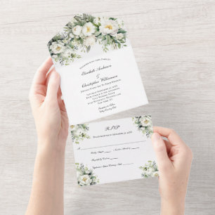 Tout En Un Invitation de mariage tout-en-un à fleurs blanches