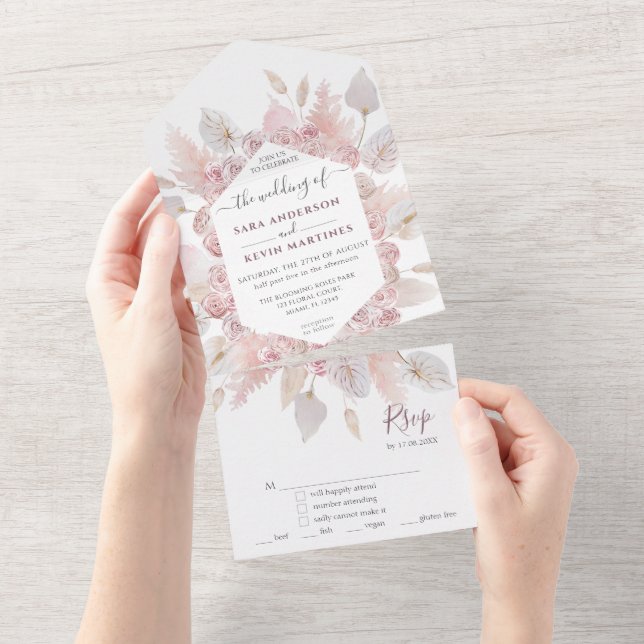 Tout En Un Invitation de mariage tout-en-un à fleurs rose pou (Déchirure)