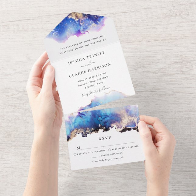 Tout En Un Invitation de mariage tout-en-un aquarelle bleue e (Déchirure)