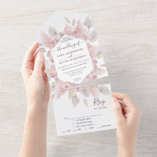 Tout En Un Invitation de mariage tout-en-un floral rose pouss