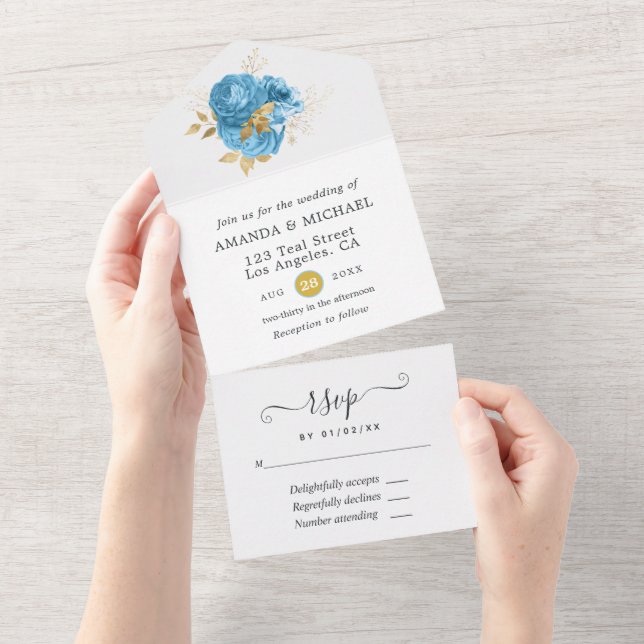 Tout En Un Invitation de mariage tout-en-un florale bleu past (Déchirure)