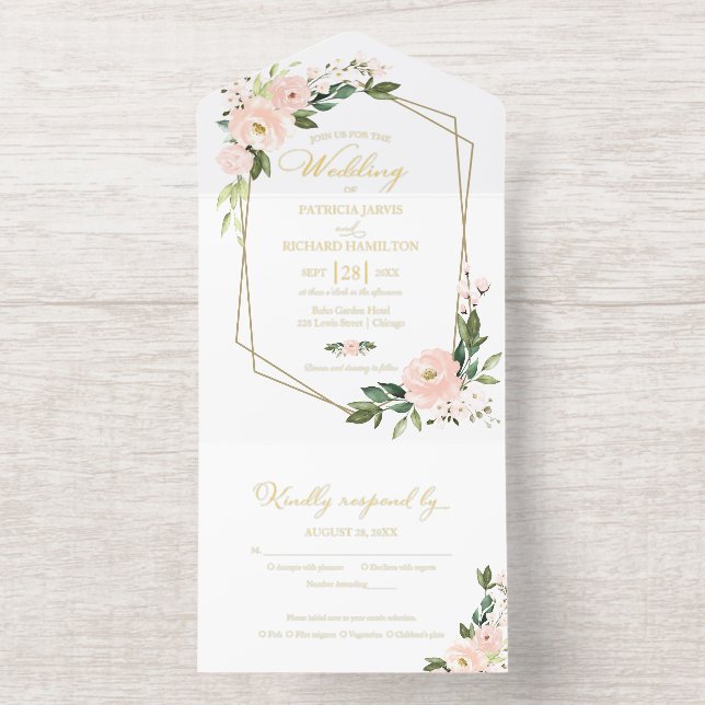 Tout En Un Invitation Delicate Blush  Floral Geometric Wedding  (Intérieur)