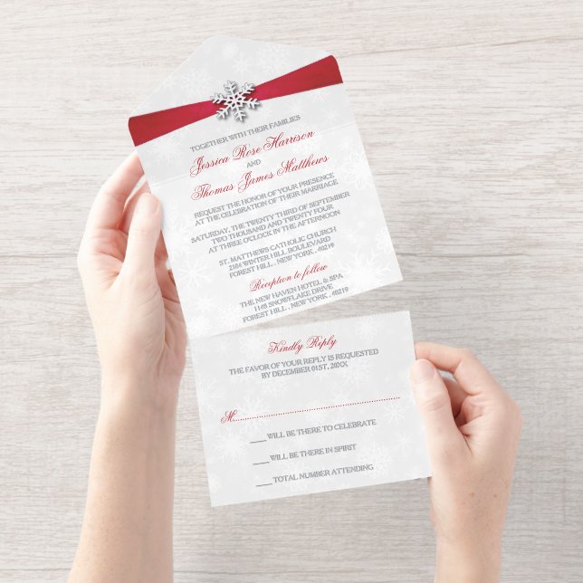Tout En Un Invitation Diamante Flocon de neige et Ruban rouge Mariage d' (Détachable)