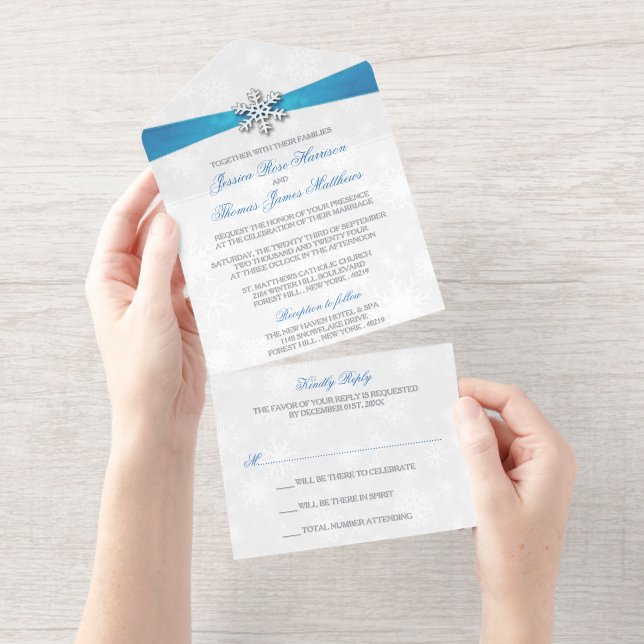 Tout En Un Invitation Diamante Snowflake & Blue Ribbon Mariage d'hiver (Détachable)